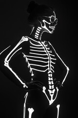A silhouette of a person with a skeleton design, wearing sunglasses and posing confidently.