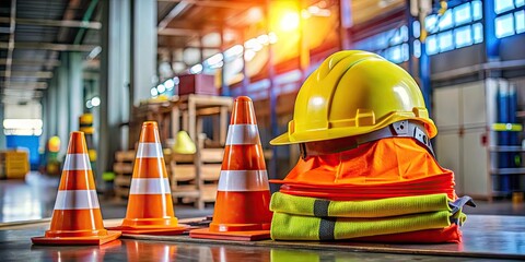 High-visibility yellow hard hat and orange vest sit atop a stack of carefully arranged safety equipment, cones, and signs in a neat, organized industrial setting.