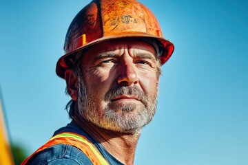 Fototapeta premium Construction worker in safety gear looks towards the horizon during the day