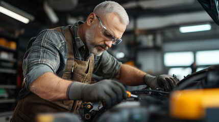 Truck Repair: Experienced Mid-Age Mechanic Working on a Truck in a Professional Garage Setting, Emphasizing Expertise and Automotive Care. photo