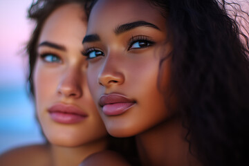 LGBT couple friends smiling at camera during sunset on a beach. Happy and joyful atmosphere, with soft natural lighting highlighting their faces. Perfect for themes of friendship, summer, and travel