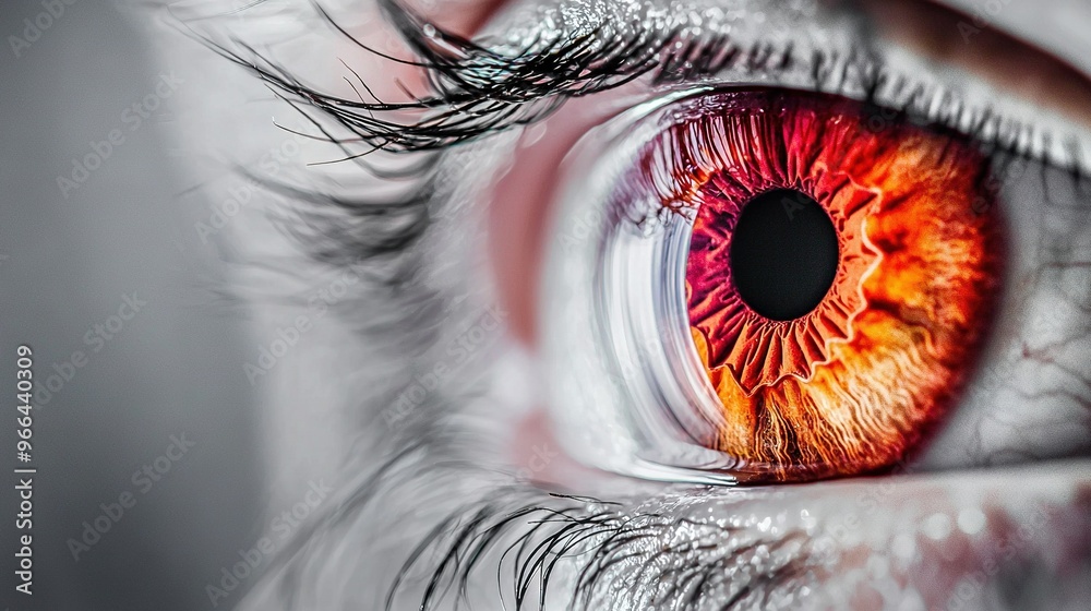 Sticker   A close-up of a person's eye with a reddish-orange pupil in the center of the iris