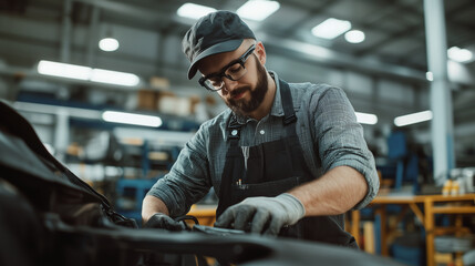 Mechanic at Work: Mid Adult Truck Technician Performing Repairs in a Garage, Highlighting Skilled Labor and Vehicle Maintenance. photo
