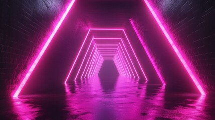Fototapeta premium Geometric figure in neon light against a dark tunnel. Laser glow.