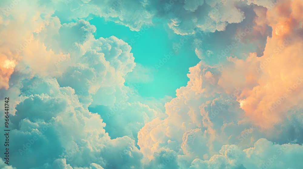 Wall mural a surreal sky with dreamy, ethereal clouds and a vibrant, turquoise blue color, set against a fantas