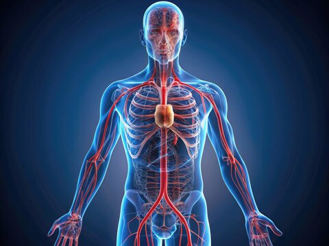 Illuminated 3D illustration of the human circulatory system, highlighting major arteries including aorta, carotid, brachial, radial, and femoral arteries in a transparent body outline.