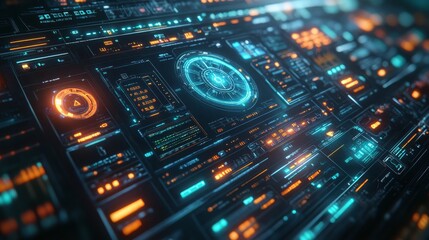 Naklejka premium Advanced firewall system actively blocking cyber threats in a high-tech interface display