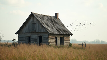 Obraz premium Kleine gemütliche Holzhütte im Nebelwald