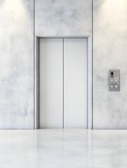Blank white closed elevator in office floor interior mock up, front view, 3d rendering. Empty lift with buttons near concrete wall mockup. Concept of business center or hotel lifting