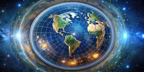 Illuminated flat Earth model showing 24 time zones with labeled hour lines and continents, surrounded by a starry night sky and subtle nebulae texture.