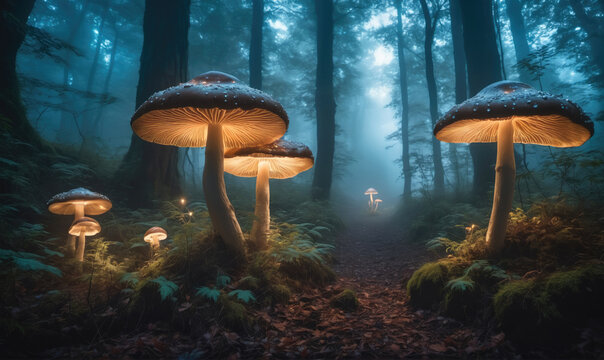 Large mushrooms glow in a misty forest, creating an otherworldly scene