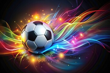 Fototapeta premium Illustrated soccer ball bursts out of a stylized crest, surrounded by dynamic swirling lines and shapes, conveying energy, movement, and excitement in a vibrant color scheme.