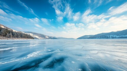 Fototapeta premium Blue ice and cracks on the surface of the ice. Frozen lake under a blue sky in the winter. The hills of pines. Winter