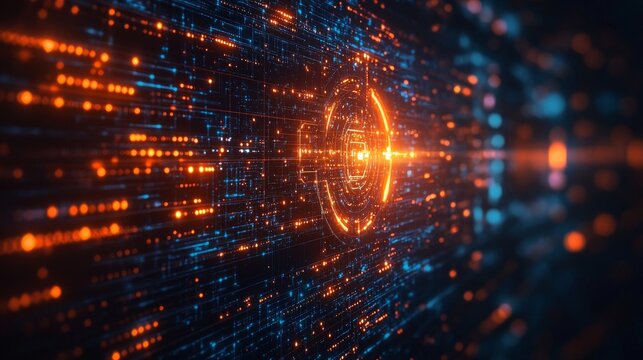 AI cybersecurity system actively analyzing abstract digital threats in a networked environment