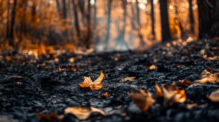 Obraz premium Closeup of burnt black forest floor after bush fire