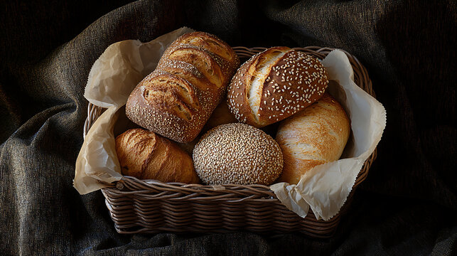 Basket of bread and rolls with sesame seeds on dark background