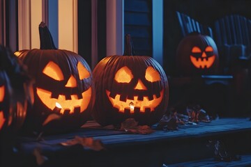 Obraz premium Carved Pumpkins Glowing on a Porch at Night - Helloween