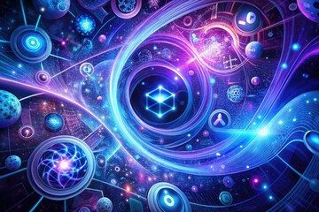 Obraz premium Infinite loop of cryptic icons, hieroglyphics, and abstract shapes in mesmerizing swirls of blue and purple hues, evoking mystery and digital futurism.