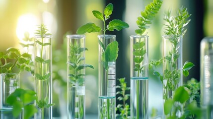 Green innovation concept. various plants growing in laboratory test tubes Symbolizing eco-friendly scientific research and sustainable development.