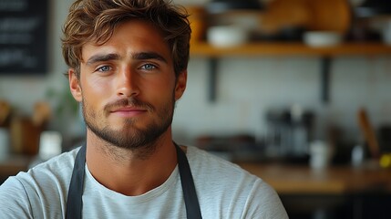 Obraz premium A young man with blue eyes and a beard looks at the camera while wearing an apron in a kitchen.