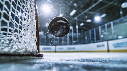 Black ice hockey puck in motion towards an empty net on ice rink surface with hockey arena in the background - Powered by Adobe