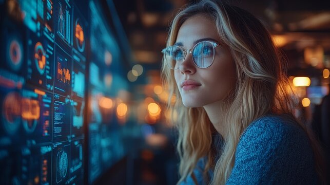 Cybersecurity team member analyzing data in a high-tech collaborative workspace at night