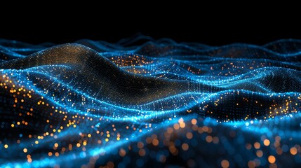 Futuristic digital background featuring glowing blue and orange dots on dark wave data flow