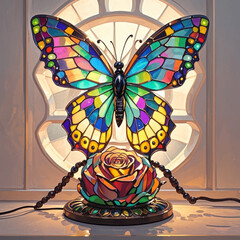 Stained Glass Butterfly Lamp Rose Art Craft Handmade Vintage Antique Decor Home Decor Lighting Light Colorful Bright Elegant Beautiful Unique Collectible Gift Nature Insect Flower Symbolism Watercolor