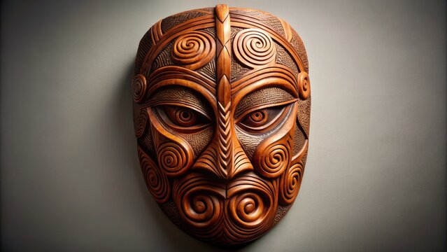Intricately carved Maori-inspired wooden mask with spiral and curved patterns adorning its surface, set against a neutral background, evoking a sense of cultural heritage and symbolism.