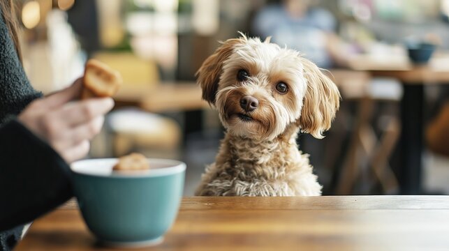 A small brown fluffy dog gazes eagerly at a tasty treat held by a woman in a black jacket inside a cozy coffee shop setting