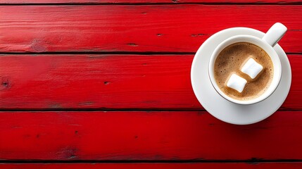 Cup of coffee with a marshmallow on a red wooden surface. with copy space image. Place for adding text or design