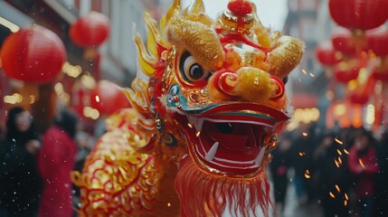 Lunar New Year dragon dance in the street, vibrant celebration, February 12