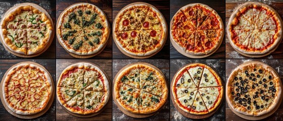 Fototapeta premium A collage of different types and flavors of pizza. crisp crusts, one filled with mozzarella cheese, another topped with green salad leaves, and fresh vegetables and meat.