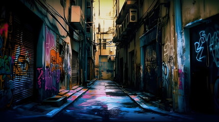Fototapeta premium Verlassene Gasse mit Graffiti in urbaner Nachtstimmung - Ai-Ki generiert