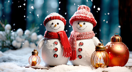 Obraz premium Cute snowmans family standing in a winter landscape evening. Merry Christmas and New Year
