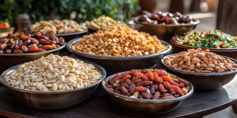 Various nuts and dried fruits displayed in bowls at a traditional market in the afternoon sunlight