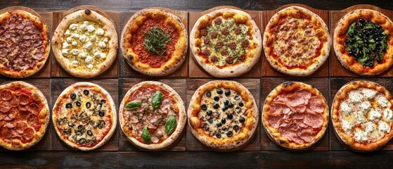 Fototapeta premium A collage of different types and flavors of pizza. crisp crusts, one filled with mozzarella cheese, another topped with green salad leaves, and fresh vegetables and meat.