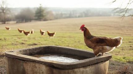 Fototapeta premium Red hen stands next to old trough filled with clean water on sunny day at organic poultry farm in green field