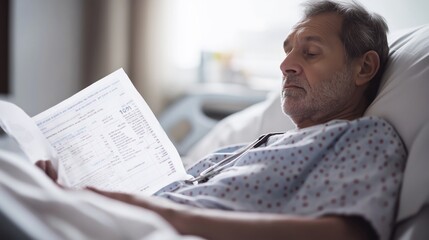 Senior male patient in a hospital bed reading important medical paperwork while recovering in a hospital gown and receiving care