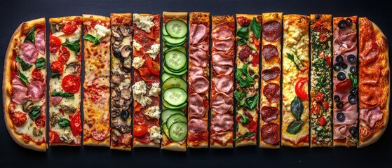 Fototapeta premium A collage of different types and flavors of pizza. crisp crusts, one filled with mozzarella cheese, another topped with green salad leaves, and fresh vegetables and meat.