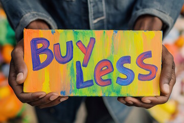 African American hands holding a vibrant sign that says "Buy Less," promoting anti-consumerism and conscious choices. Concept of ethical spending and sustainability