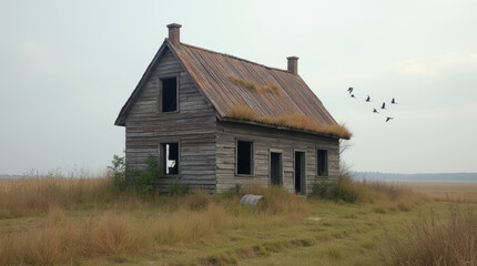 Kleine gemütliche Holzhütte im Nebelwald
