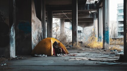 A person experiencing homelessness sits in a makeshift tent under a busy bridge, surrounded by urban elements and city noise.