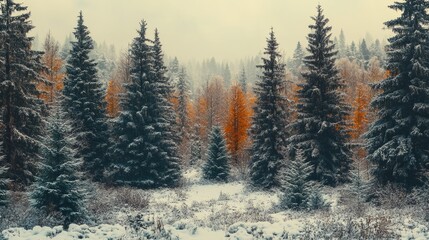 Obraz premium A panoramic view of a winter forest, a tapestry of snow-covered trees interrupted by vibrant patches of evergreen foliage.