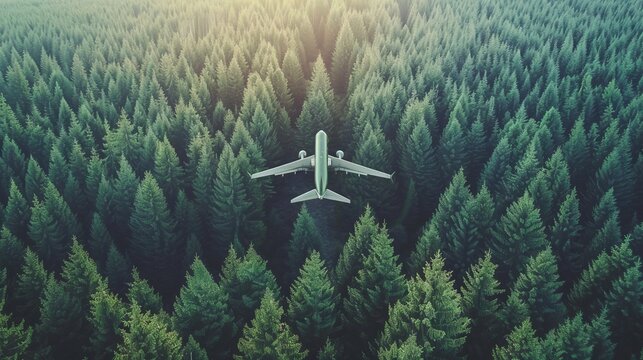 Eco friendly flight  a light green aircraft powered by sustainable biofuel soars over lush forests