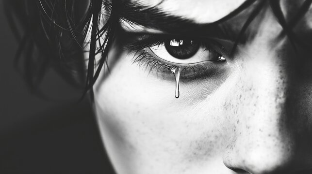 Emotional black and white portrait of a young man with a single tear rolling down his cheek, capturing deep feelings.
