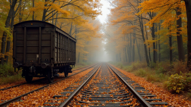 Zugwaggon in einer nebeligen herbstlichen Landschaft