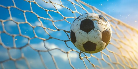 A soccer ball breaking through the net during an intense game on a dramatic black background