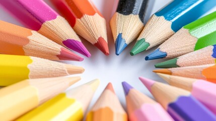Brightly colored pencils arranged in a circular pattern on a white background