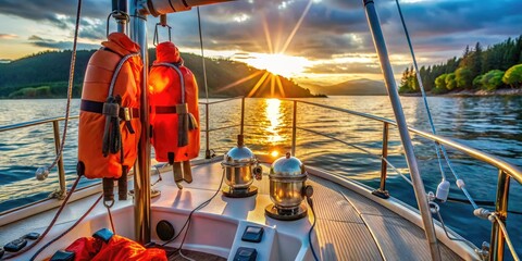 Life jackets, flares, and navigation lights on a sailboat's deck, highlighting essential safety equipment required by Oregon state regulations for recreational watercraft operations.